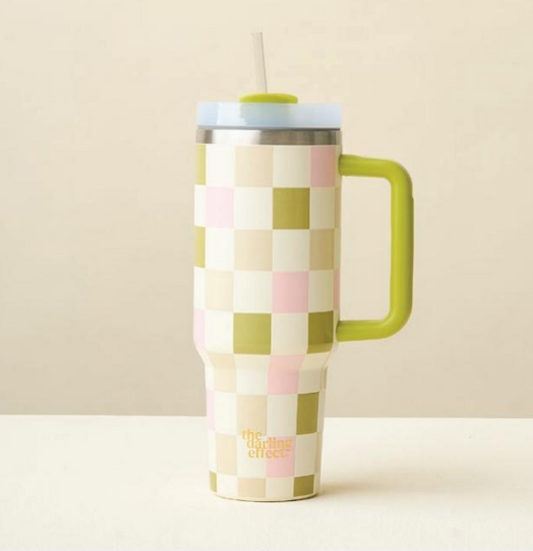 The Darling Effect - Green Pink Check Tumbler Cup with Straw - 40oz