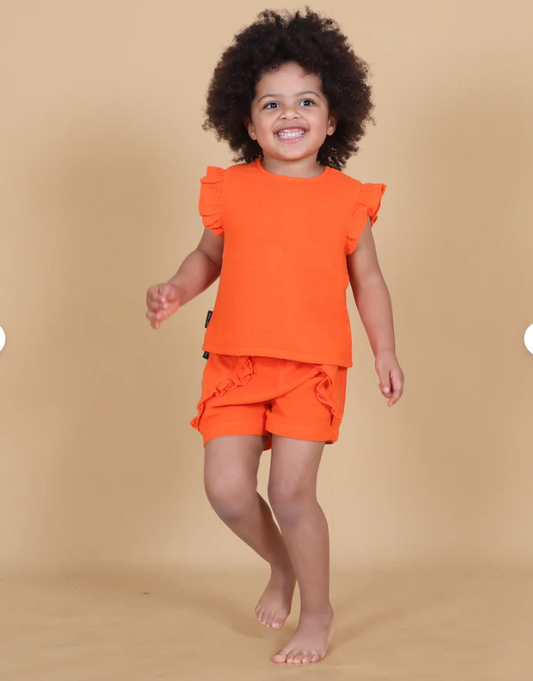 Tiny Tribe Linen Ruffle Girls Shorts - Tangerine