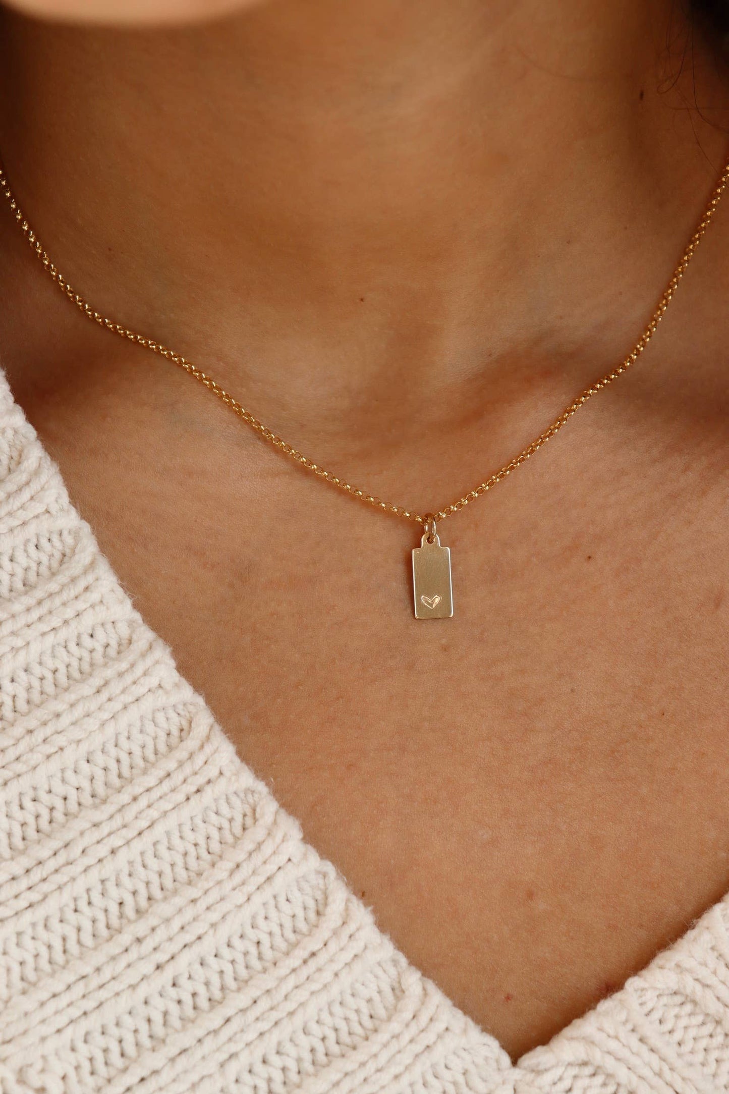 Token Jewelry - Mini Tag Necklace with Heart - Gold Fill or Sterling Silver