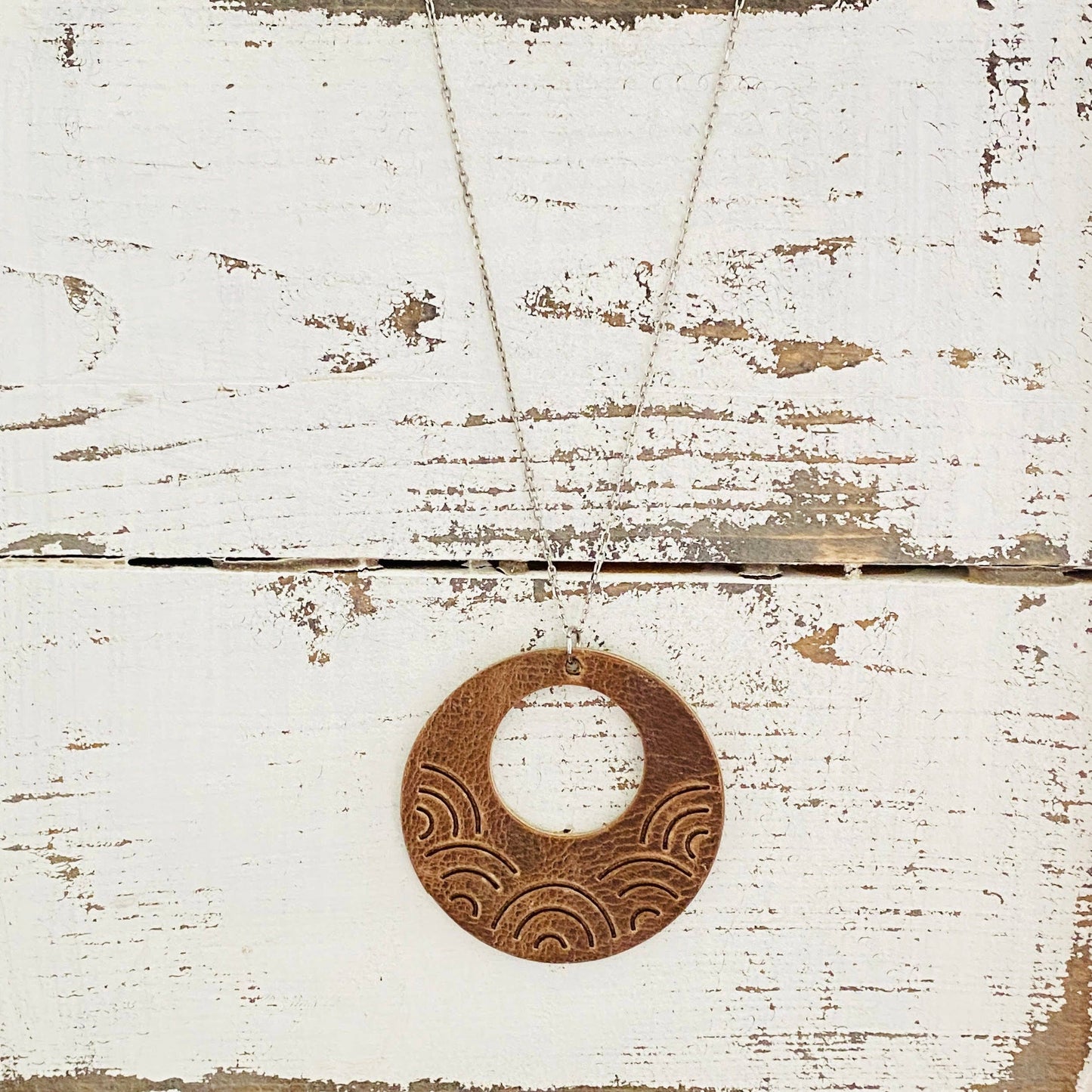 Necklace: Embossed Large Rainbow Circle Vintage Cowboy Brown