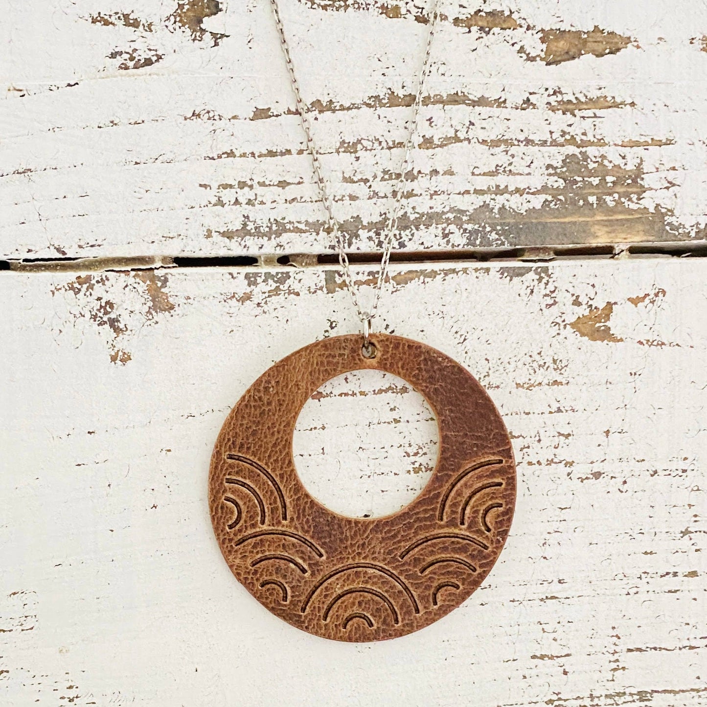 Necklace: Embossed Large Rainbow Circle Vintage Cowboy Brown