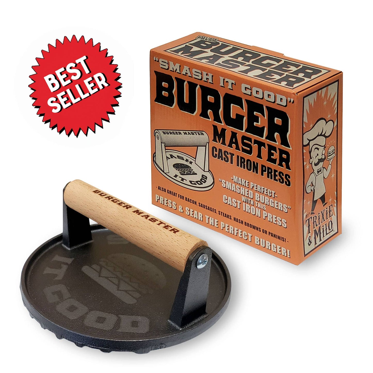 Trixie & Milo - BURGER MASTER - cast iron weight for making "smash burgers" - homebody