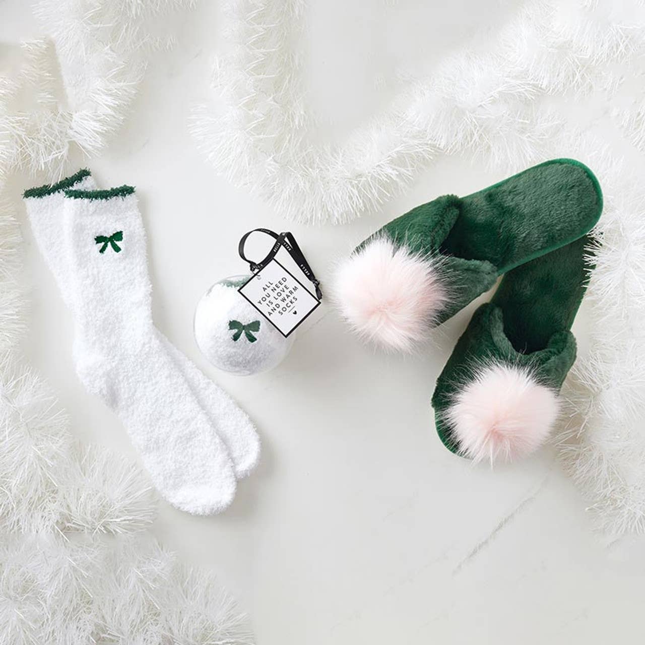 Bella Sleep + Spa - Cozy Socks in Ornament - White with Green Bow