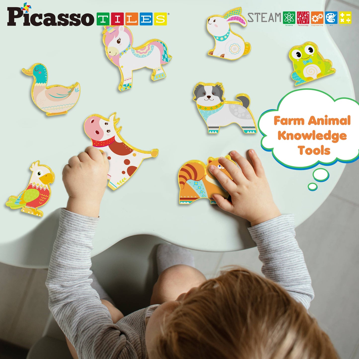 PicassoTiles - 8pc Magnet Tile Building Blocks 8 Farm Animal Action Figures