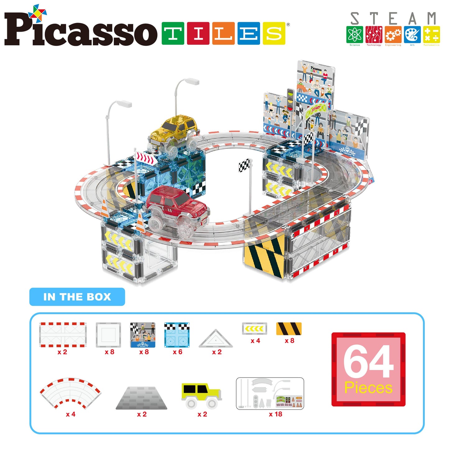 PicassoTiles - Stadium Race Track with 2 Trucks