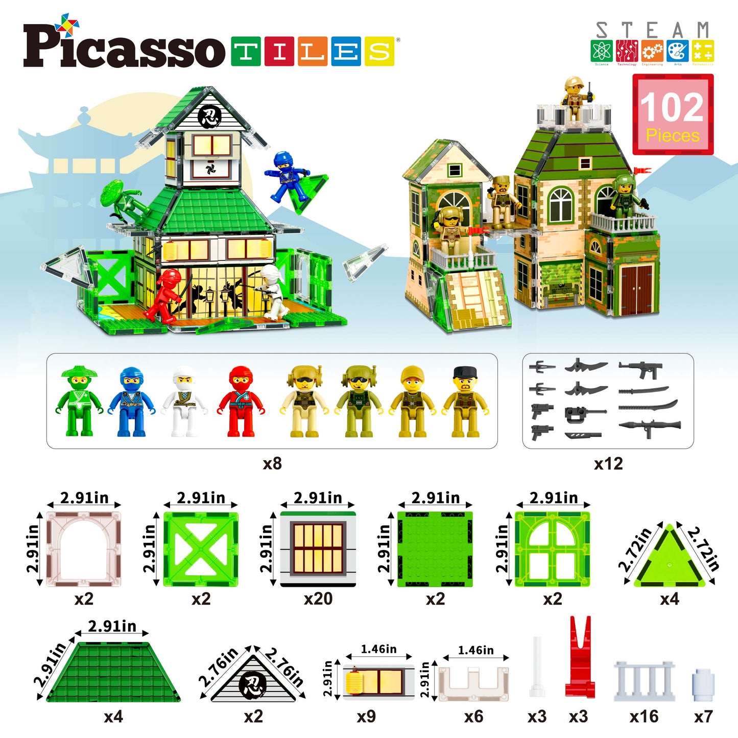 PicassoTiles - 102pc Magnet Tile Building Block Ninja & Troop 2in1 Theme