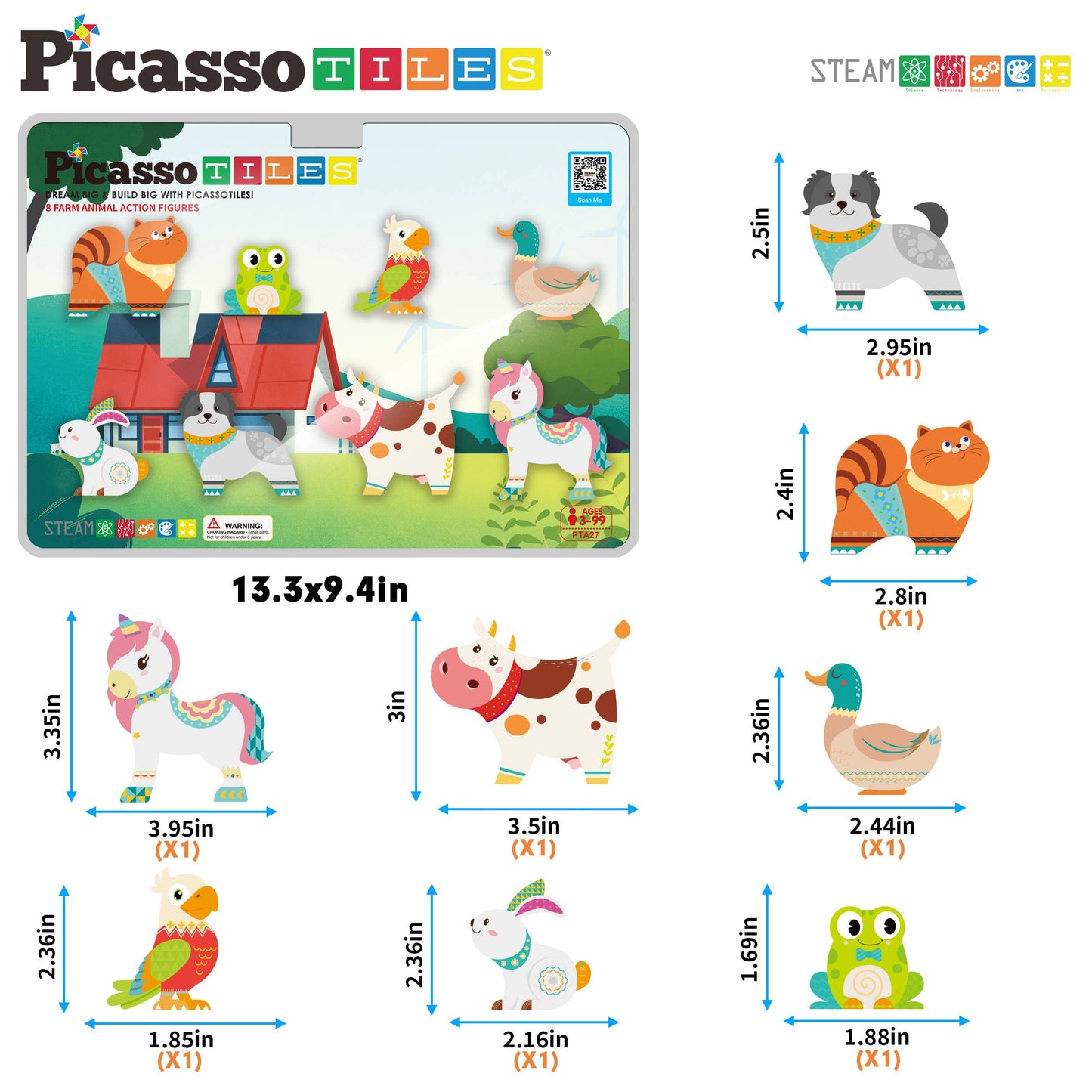 PicassoTiles - 8pc Magnet Tile Building Blocks 8 Farm Animal Action Figures