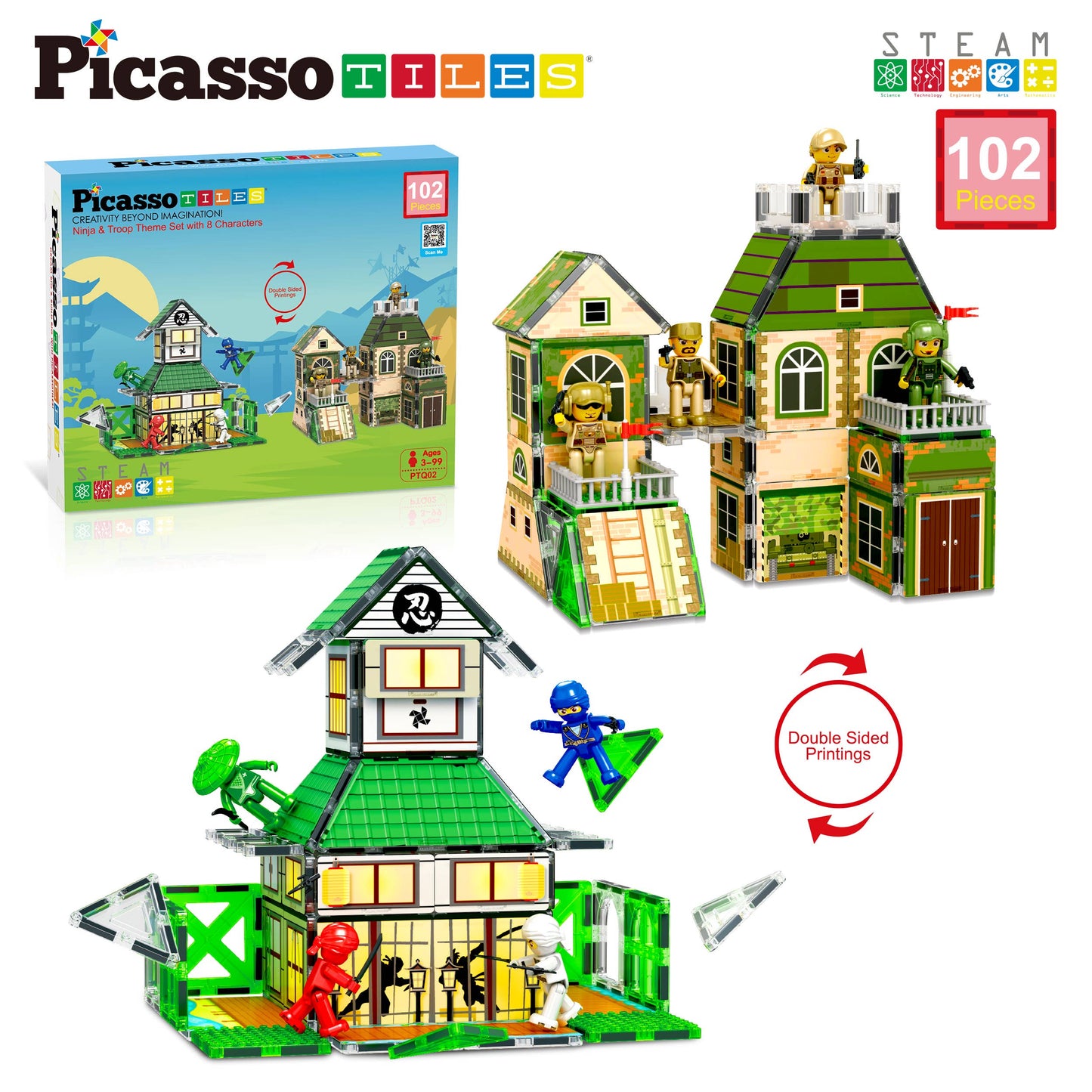 PicassoTiles - 102pc Magnet Tile Building Block Ninja & Troop 2in1 Theme