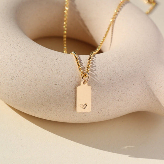 Token Jewelry - Mini Tag Necklace with Heart - Gold Fill or Sterling Silver