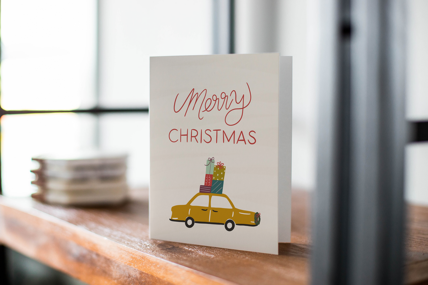 Merry Christmas car with presents card