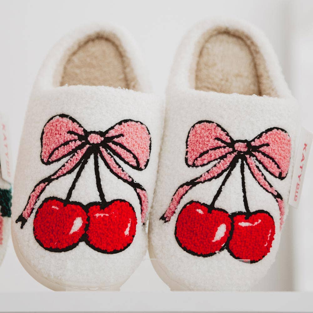 Katydid - Cherry Bow Fuzzy Slippers For Women