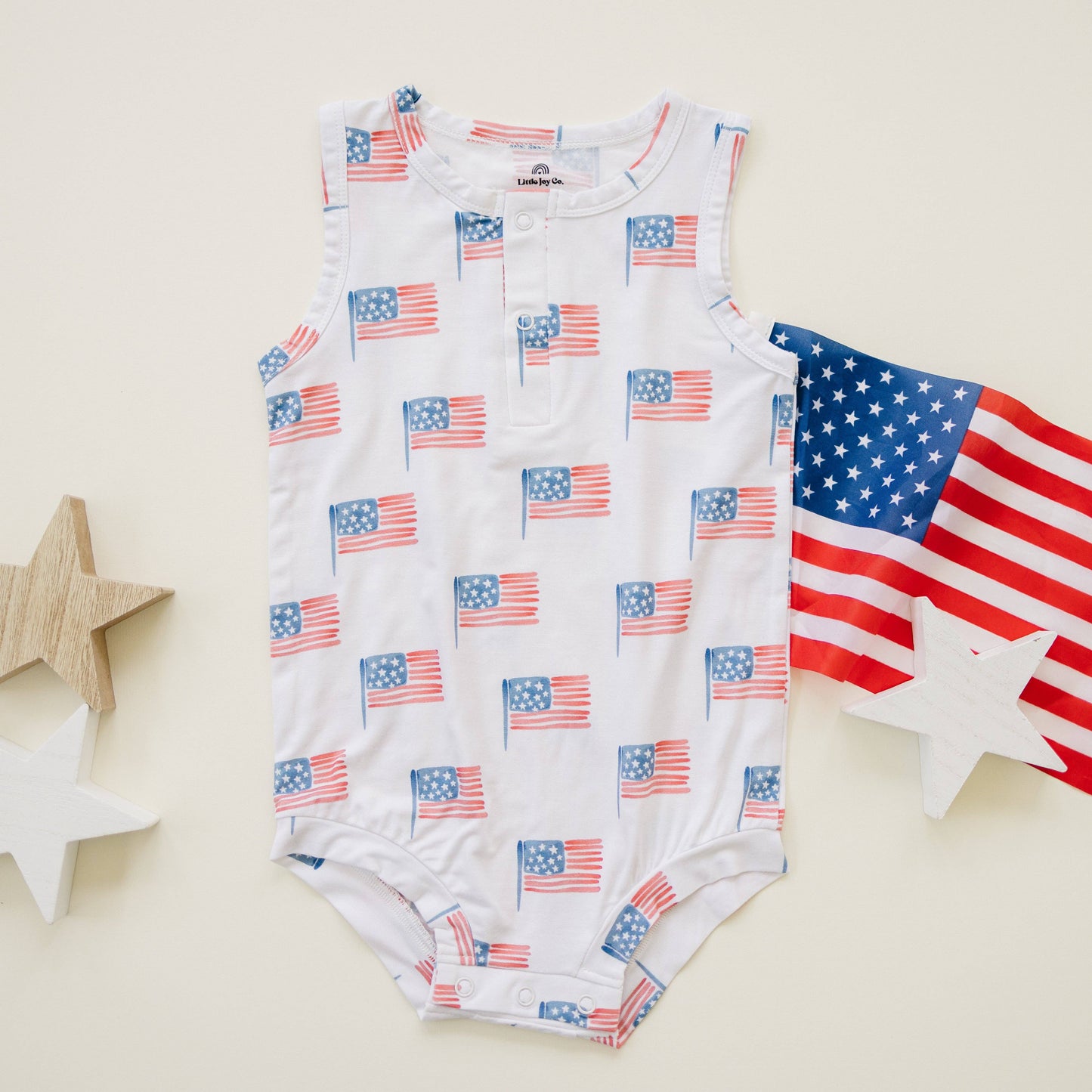 Little Joy Co. - Flag Print Bamboo Baby Romper 4th of July Outfit Sleeveless