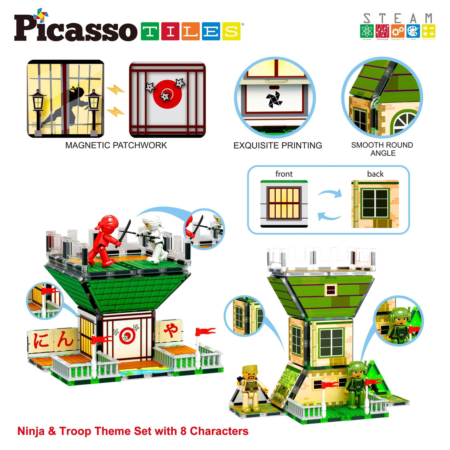 PicassoTiles - 102pc Magnet Tile Building Block Ninja & Troop 2in1 Theme