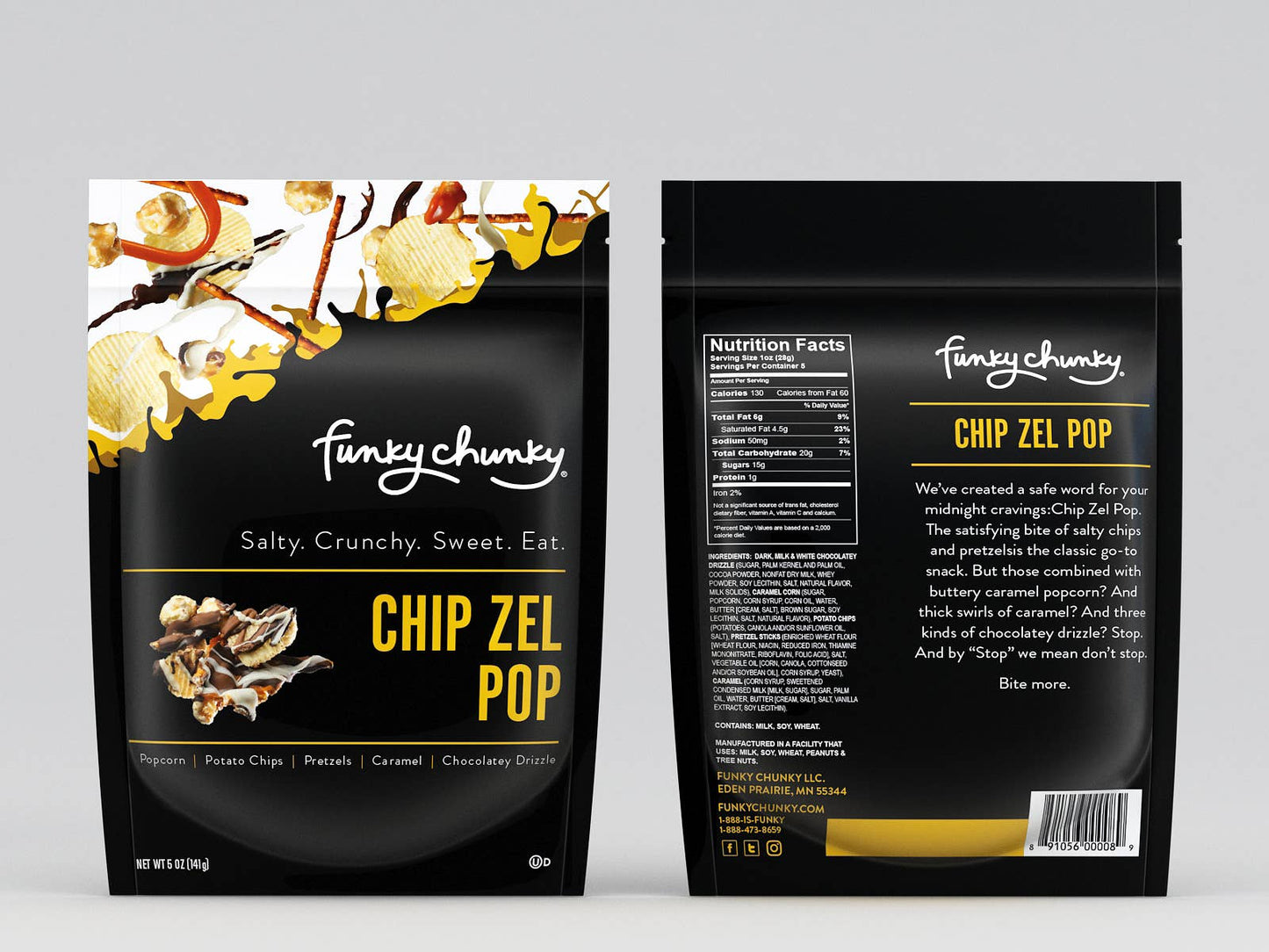 Funky Chunky - Chip Zel Pop 5oz Bags | Chocolate Popcorn | 6 Pack