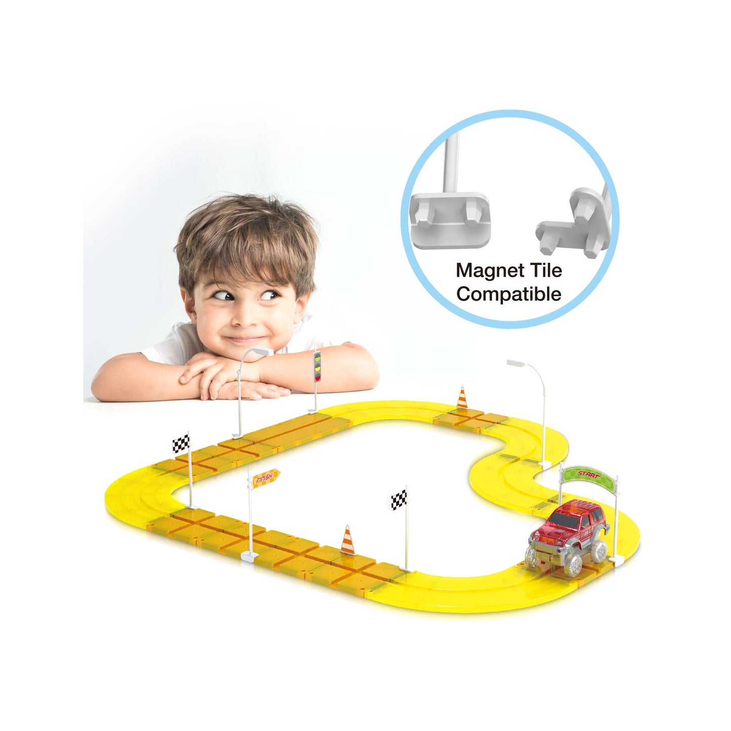 PicassoTiles - 18pc Magnet Tile Compatible Building Race Track Kit