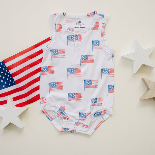 Little Joy Co. - Flag Print Bamboo Baby Romper 4th of July Outfit Sleeveless