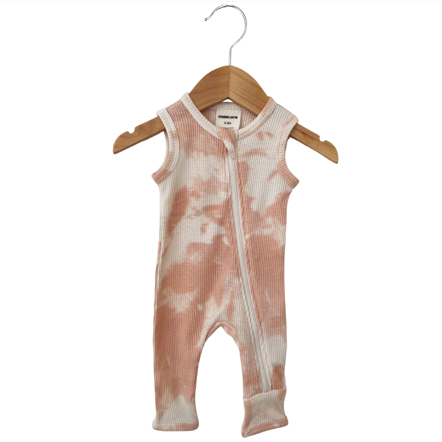 SpearmintLOVE - Organic Waffle Sleeveless Zip Romper, Pink Lemonade Tie Dye