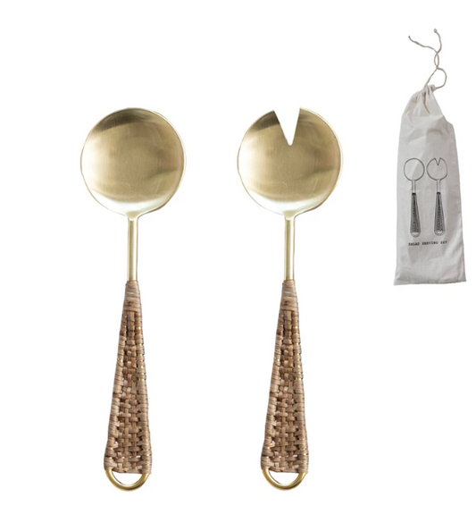 Stainless Steel & Rattan Salad Servers - Gold - Set of 2