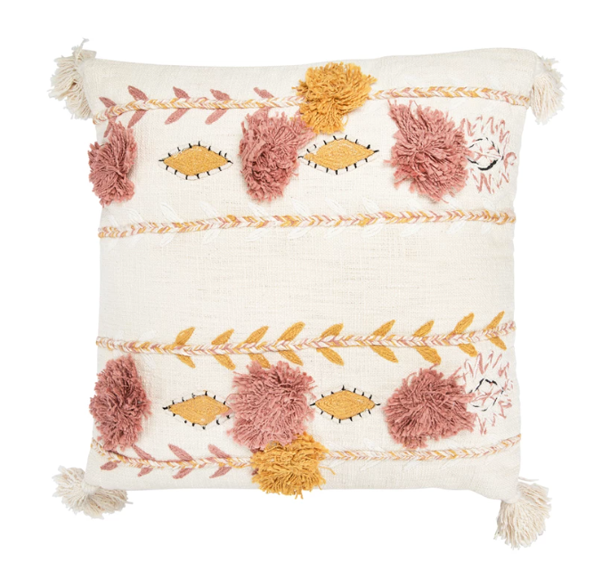 20" Cotton Embroidered Pillow w/Tassels & Applique - Cream, Pink & Yellow