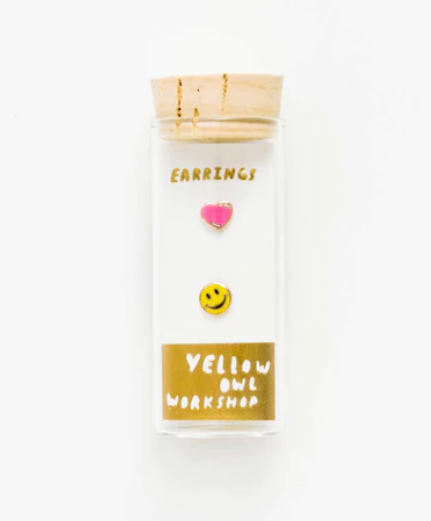 Yellow Owl Earrings - Happy Face & Heart