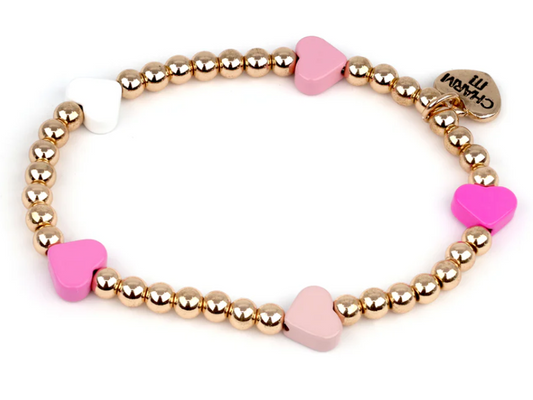 Charm It! Gold Bead Pink Heart Stretch Bracelet