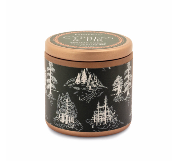 Paddywax Cypress & Fir Holiday Candle Copper Tin w/ Green Label 3oz