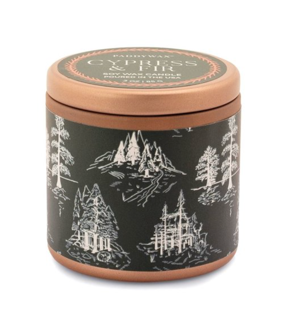 Paddywax Cypress & Fir Holiday Candle Copper Tin w/ Green Label 3oz