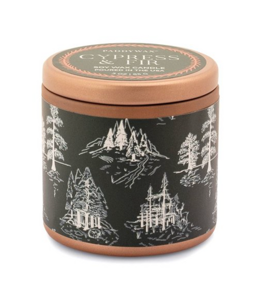 Paddywax Cypress & Fir Holiday Candle Copper Tin w/ Green Label 3oz