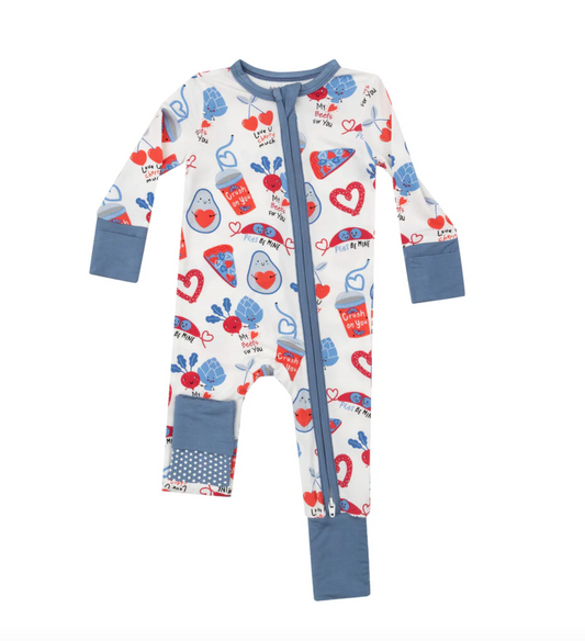 Angel Dear 2-Way Zip Romper, Love You Foodie Much Blue