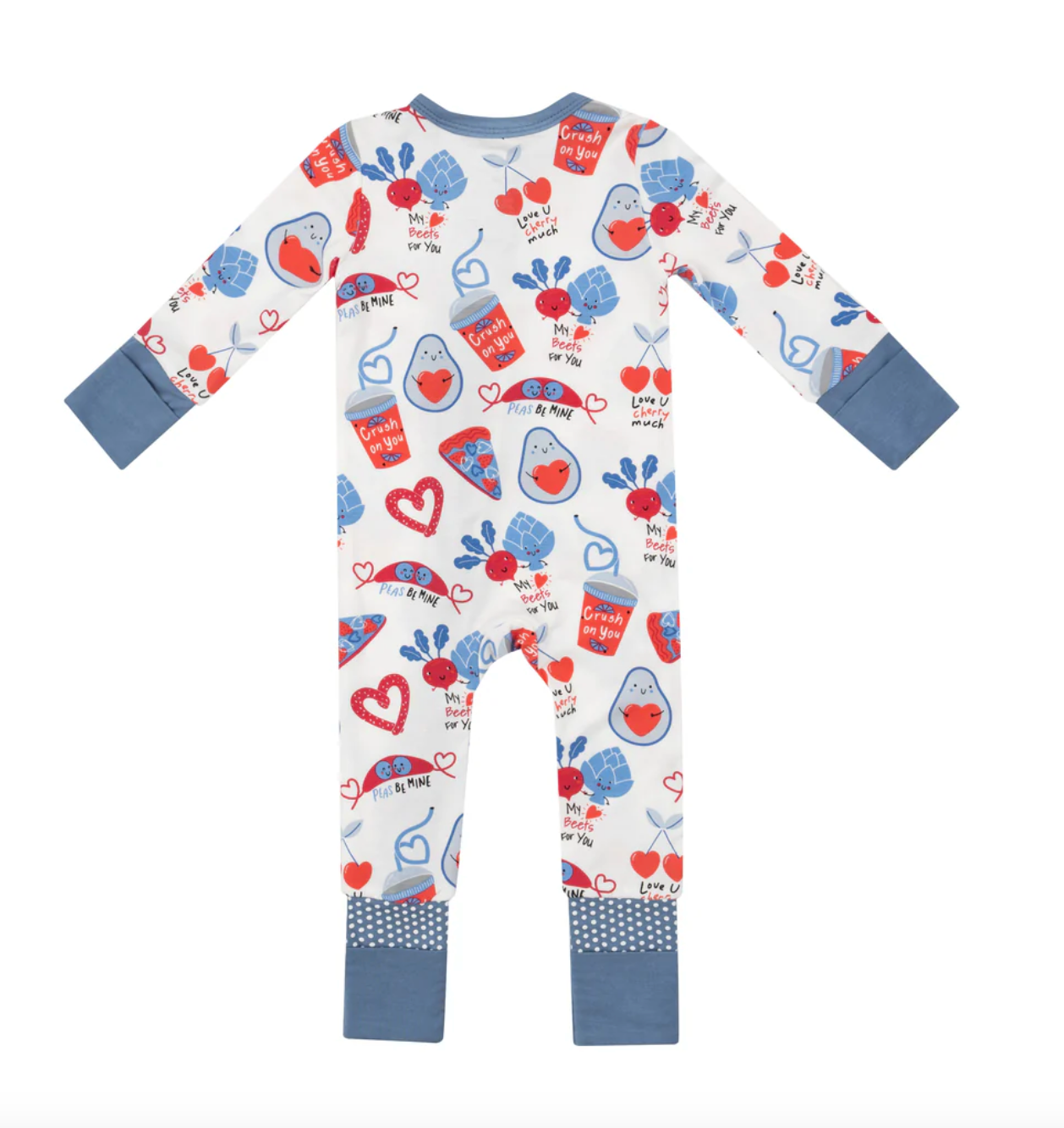 Angel Dear 2-Way Zip Romper, Love You Foodie Much Blue