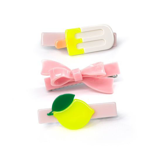 Lilies & Roses NY - Lemon Pink Bow Popsicle Trio Hair Clip Set - SUM24