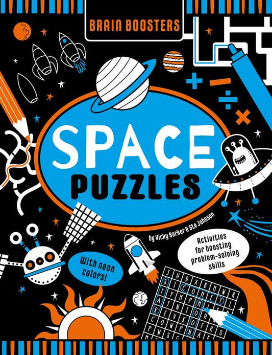 Simon & Schuster - Brain Boosters Space Puzzles (with neon colors) Learning Activity Book for Kids by Vicky Barker