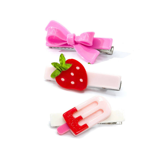 Lilies & Roses NY - Popsicle Strawberry Pink Bow Hair Clips Combo - SUM24