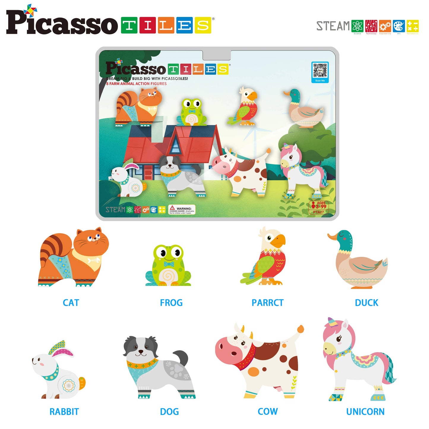 PicassoTiles - 8pc Magnet Tile Building Blocks 8 Farm Animal Action Figures