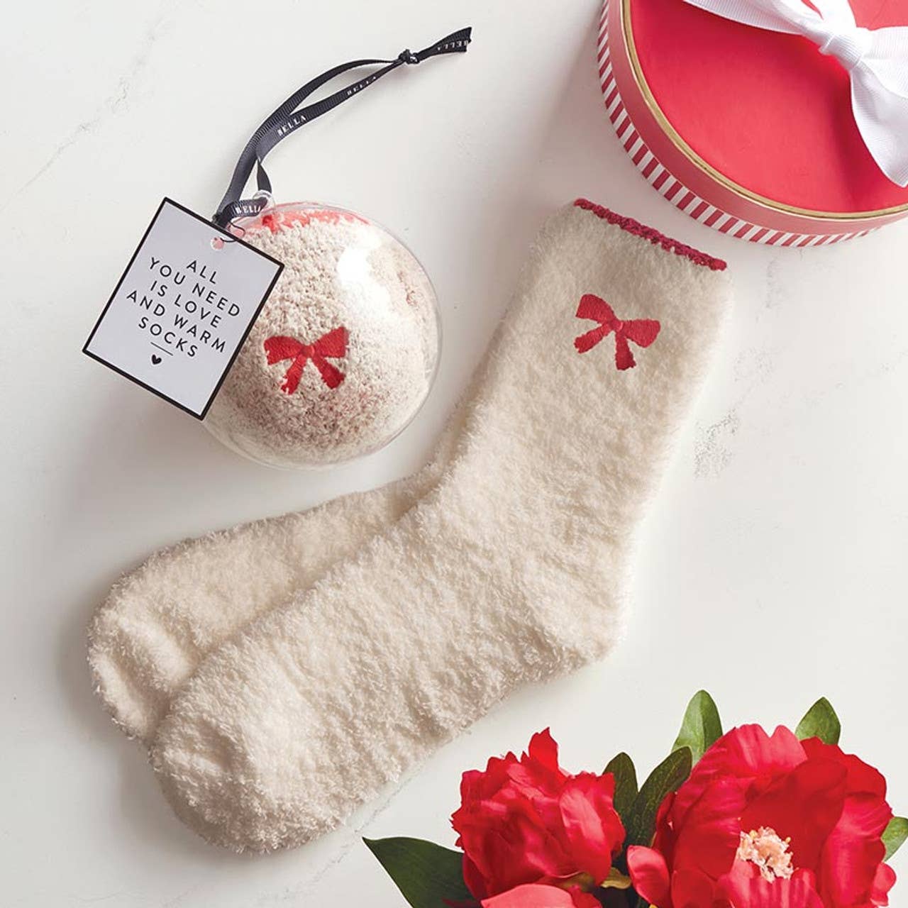 Bella Sleep + Spa - Cozy Socks in Ornament - Pink with Red Heart