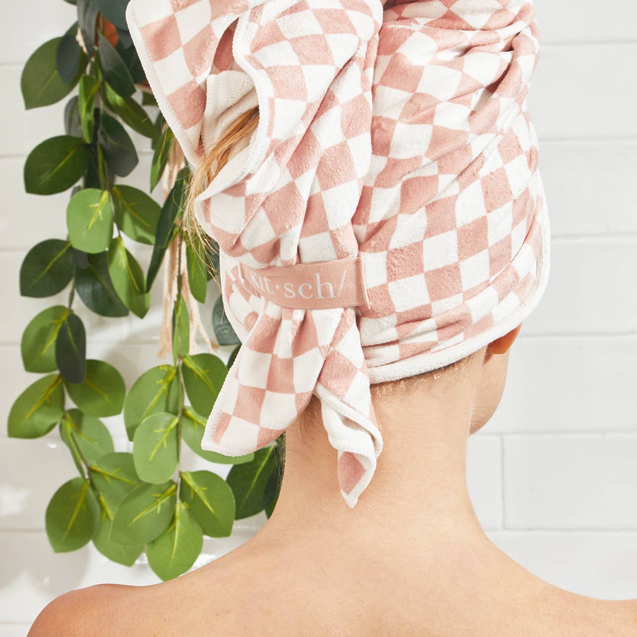 KITSCH - Extra Large Quick-Dry Hair Towel Wrap- Terracotta Checker